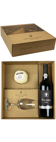 Caixa 1 garrafa Vinho Porto Palmira LBV, 1 copo e 1 queijo merendeira
