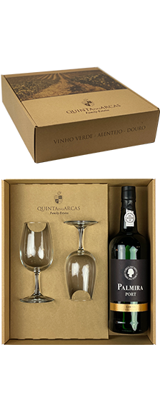 Box 1 bottle Palmira Porto Tawny wine and 2 glasses