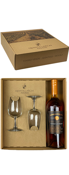 Caixa 1 garrafa Vinho Licoroso Conde d&#039;Orada e 2 copos