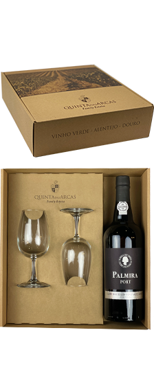 Caixa 1 garrafa Vinho Porto Palmira LBV e 2 copos