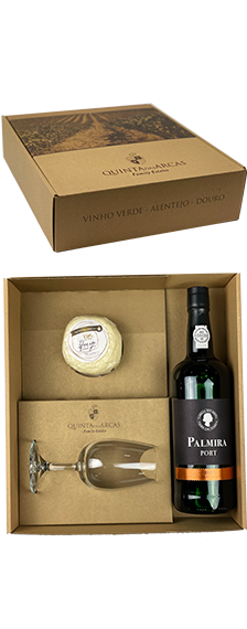 Box 1 bottle Palmira Porto Ruby wine and 1 glasse and 1 lunch cheese
