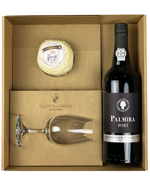 Caixa 1 garrafa Vinho Porto Palmira LBV, 1 copo e 1 queijo merendeira