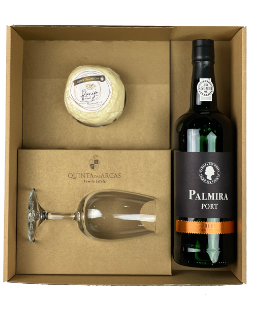 Box 1 bottle Palmira Porto Ruby wine and 1 glasse and 1 lunch cheese