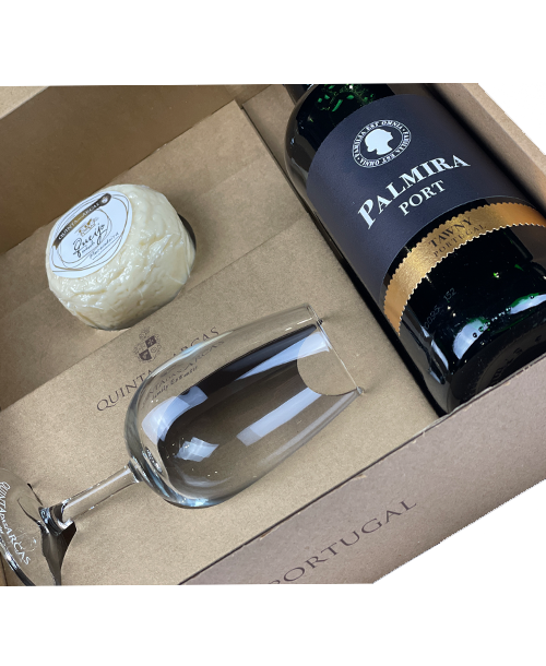 Box 1 bottle Palmira Porto Tawny wine and 1 glasse and 1 lunch cheese