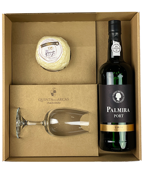 Box 1 bottle Palmira Porto Tawny wine and 1 glasse and 1 lunch cheese